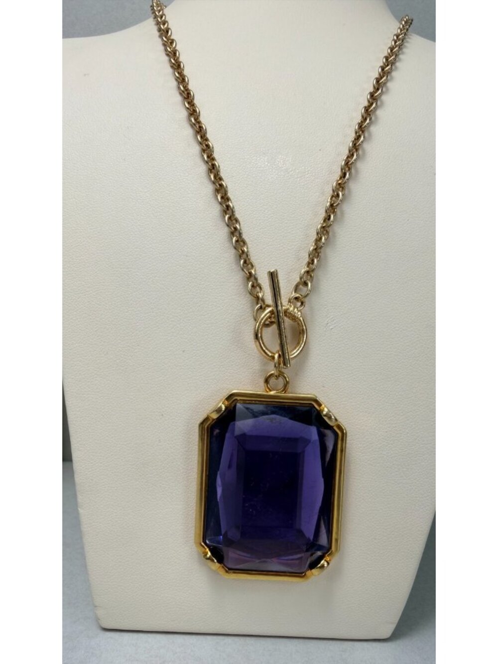 Purple Faceted Acrylic Pendant Necklace Gold Tone Statement Long